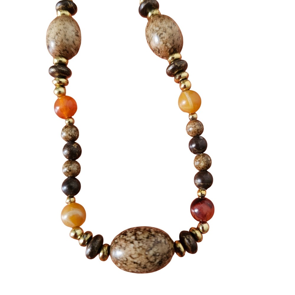 Vintage Earthy Beaded Necklace Natural Stone Jasper Carnelian Boho 30 Inch Long
